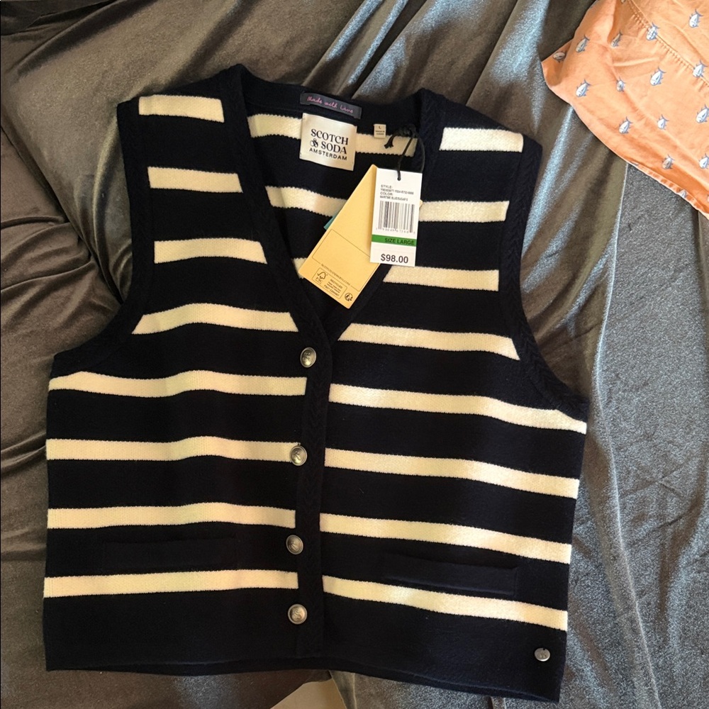 Scotch & Soda Navy and White Striped Button Vest